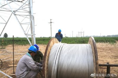 夏津县供电公司冒高温爬铁塔架导线，为民供电